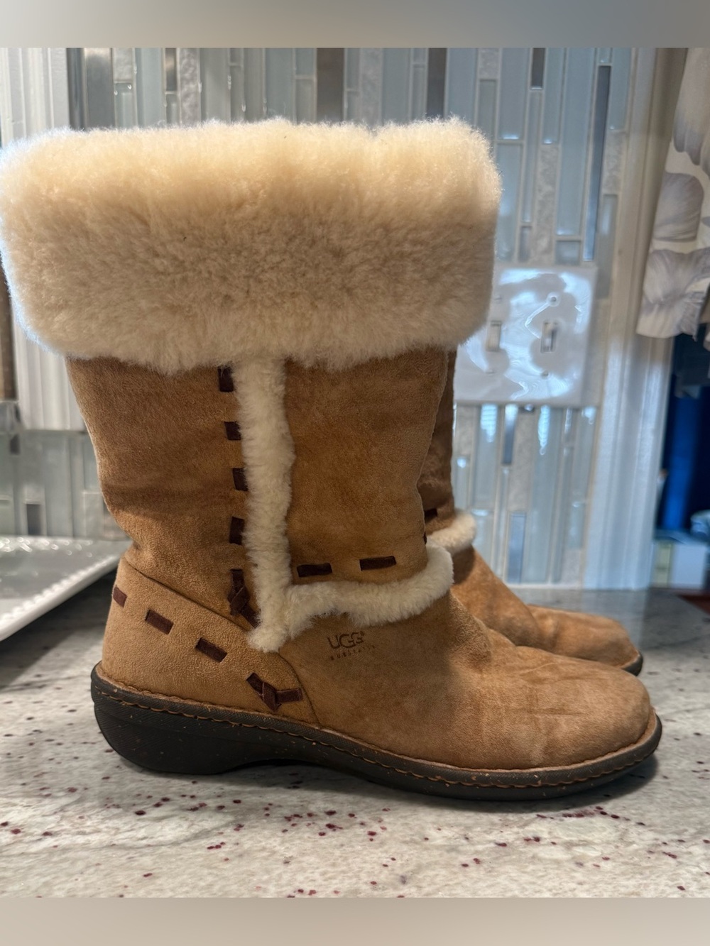 UGG Tan Suede Shearling Mid-Calf Winter Boots